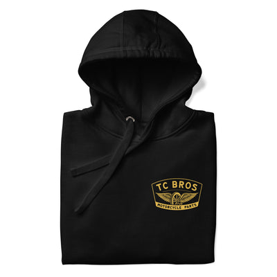 Black Gold Winged Wheel - Black Hoodie with "TC Bros" logo on the front, printed on demand.