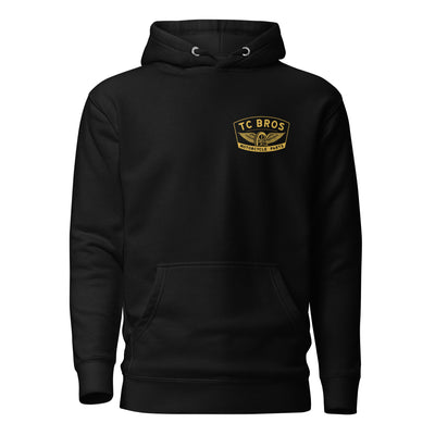 Black Gold Winged Wheel - Black Hoodie with "TC Bros" logo on the front, printed on demand.