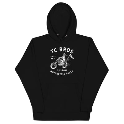 TC Bros. Rider Black Hoodie - White Print with white graphics for "tc bros custom motorcycle parts".