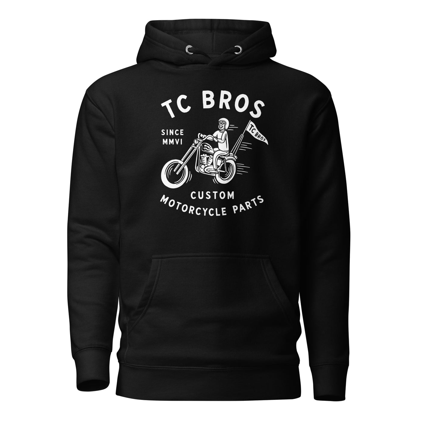 TC Bros. Rider Black Hoodie - White Print with white graphics for "tc bros custom motorcycle parts".