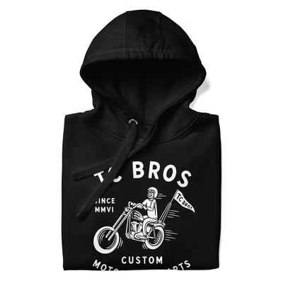 TC Bros. Rider Black Hoodie - White Print with white graphics for "tc bros custom motorcycle parts".