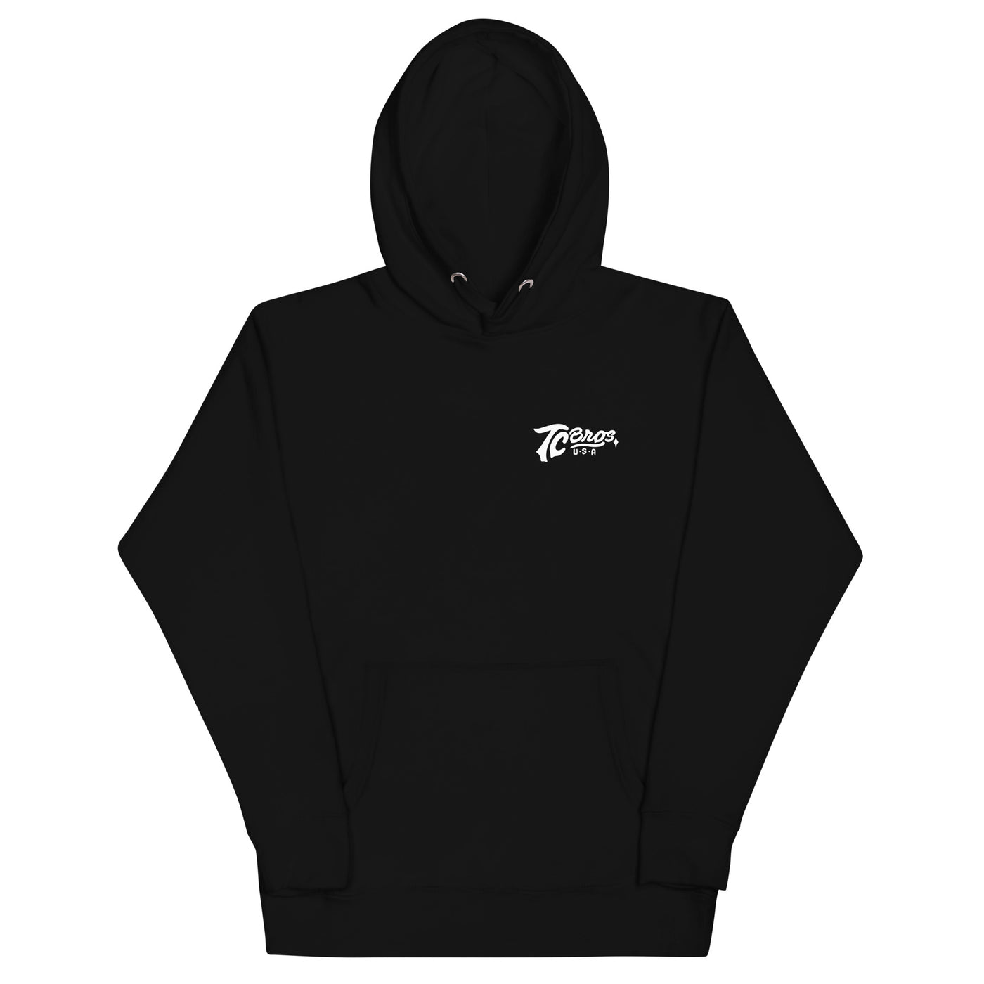 TC Bros. Script Black Hoodie - White Print, printed on demand, with a white logo on the left chest area.