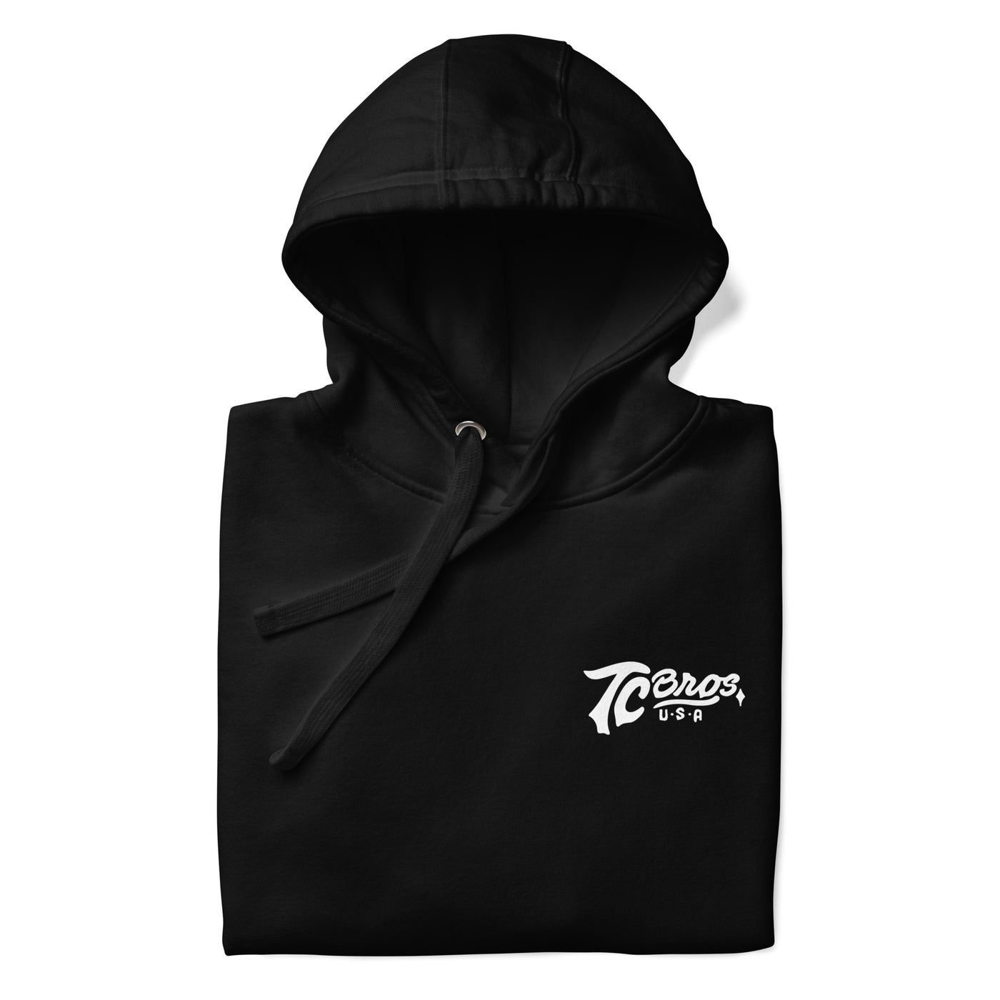 TC Bros. Script Black Hoodie - White Print, printed on demand, with a white logo on the left chest area.