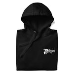 TC Bros. Script Black Hoodie - White Print, printed on demand, with a white logo on the left chest area.
