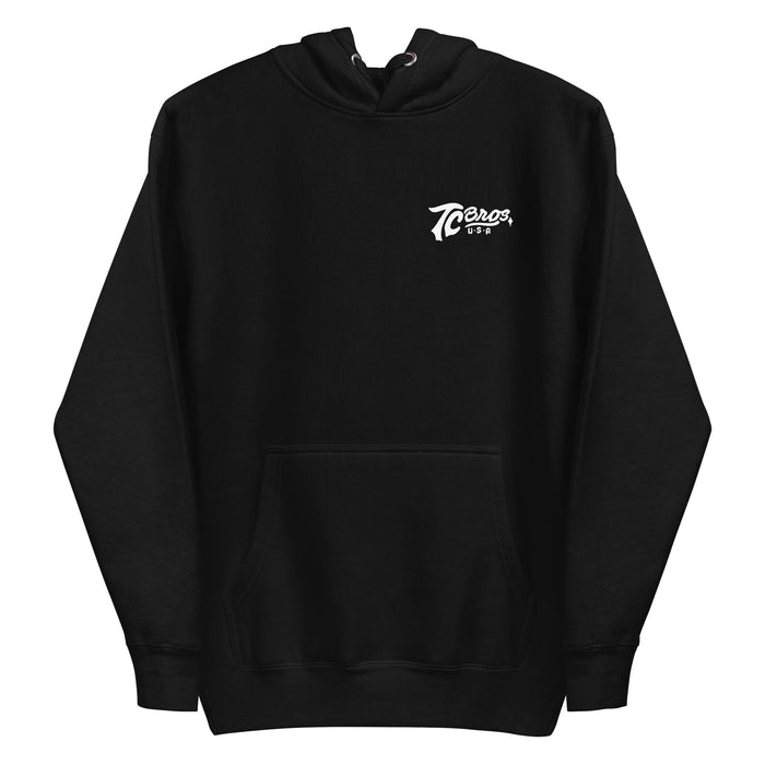 TC Bros. Script Black Hoodie - White Print, printed on demand, with a white logo on the left chest area.