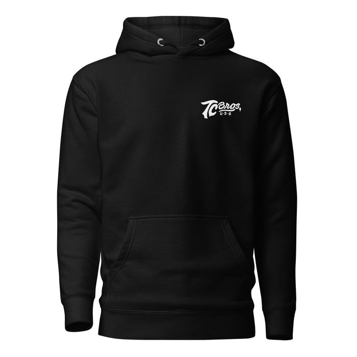 TC Bros. Script Black Hoodie - White Print, printed on demand, with a white logo on the left chest area.