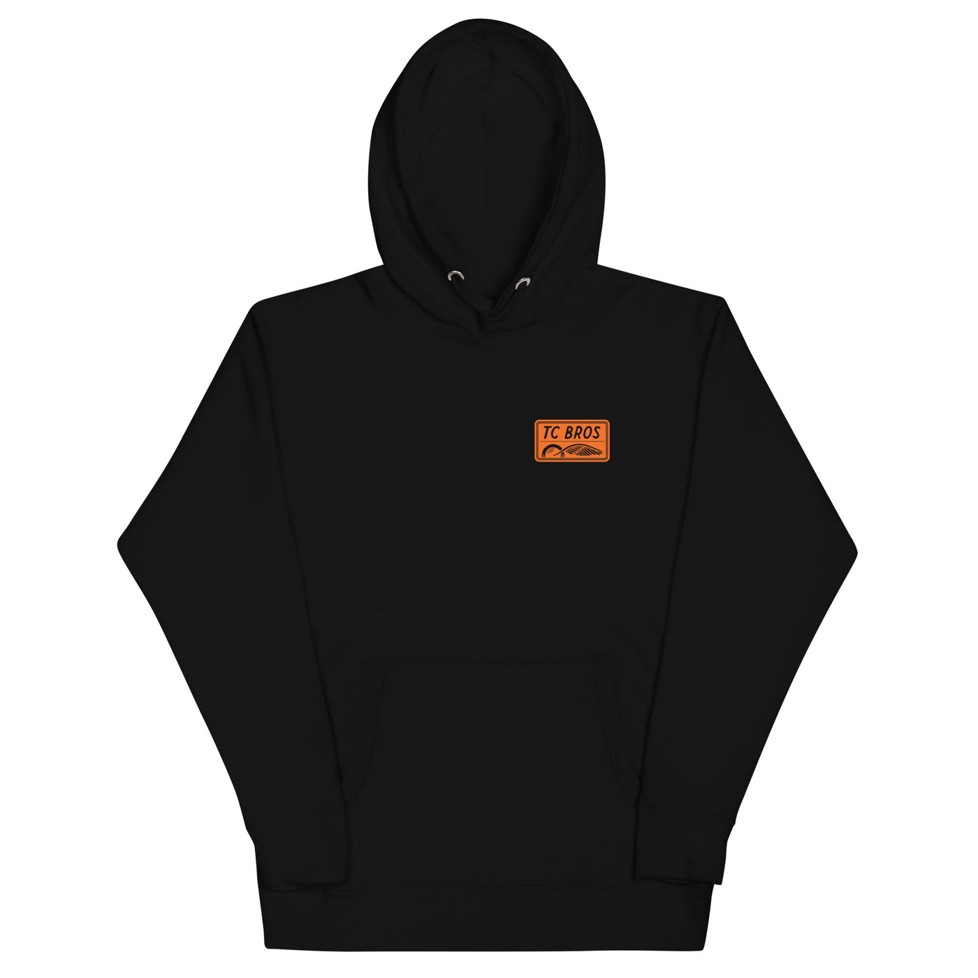 Badge Hoodie - Black/Orange, a classic streetwear piece, with a TC Bros logo embroidered on the left chest.