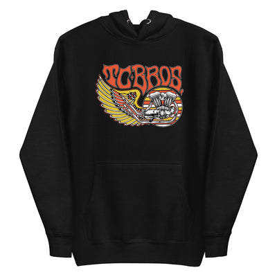 TC Bros. Wing Hoodie in Black featuring a stylized motorcycle engine and wings with the text "torbros." This 100% cotton hoodie is a classic streetwear piece.