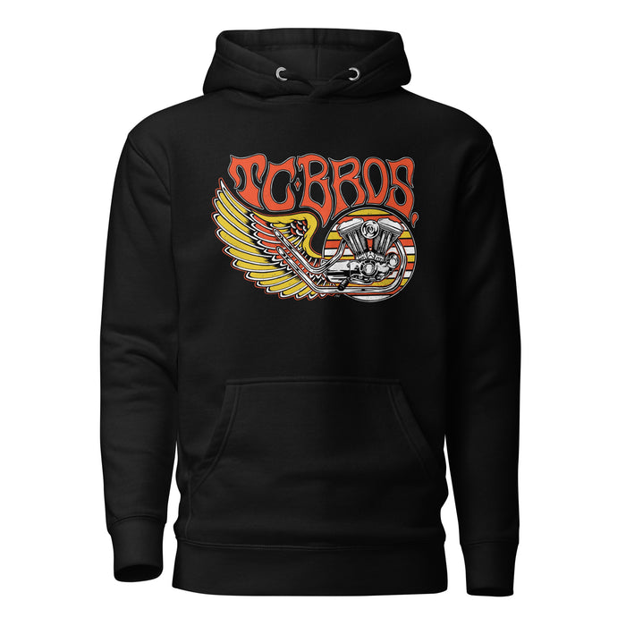 TC Bros. Wing Hoodie in Black featuring a stylized motorcycle engine and wings with the text "torbros." This 100% cotton hoodie is a classic streetwear piece.