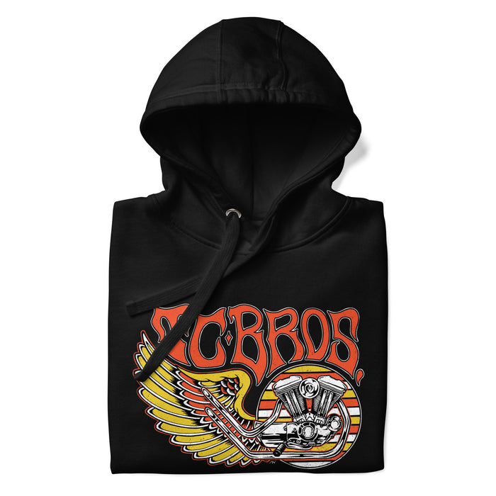 TC Bros. Wing Hoodie in Black featuring a stylized motorcycle engine and wings with the text "torbros." This 100% cotton hoodie is a classic streetwear piece.