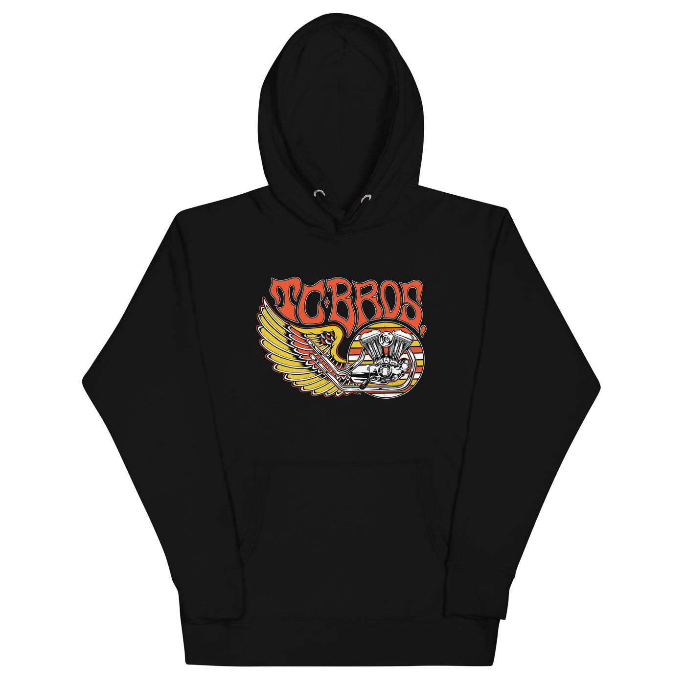 TC Bros. Wing Hoodie in Black featuring a stylized motorcycle engine and wings with the text "torbros." This 100% cotton hoodie is a classic streetwear piece.