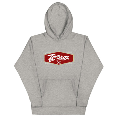 Carbon Gray TC Bros. Shield Hoodie with a red and white "tecos" logo on the front.