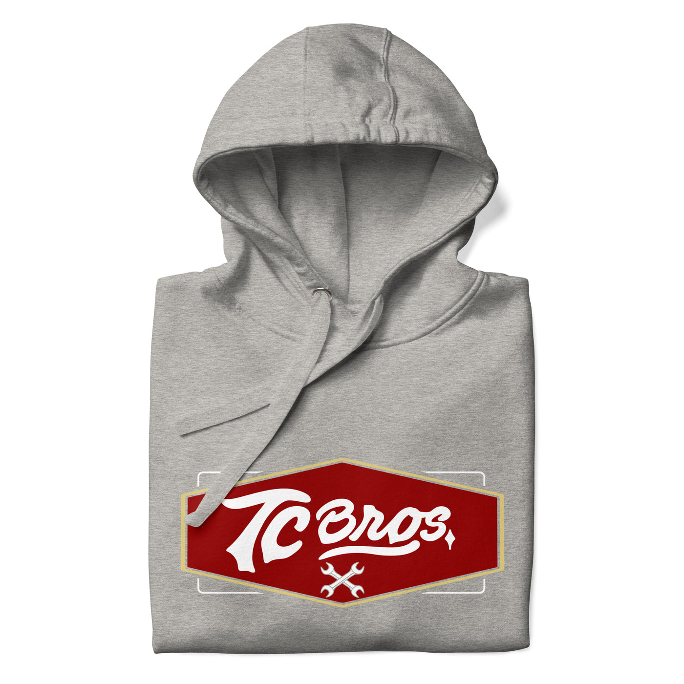 Carbon Gray TC Bros. Shield Hoodie with a red and white "tecos" logo on the front.