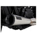 A black motorcycle with a Vance & Hines Stainless Steel 2-into-1 Upsweep M8 soft tail exhaust on a white background.