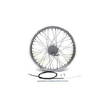 The Wyatt Gatling 21" Chopper Chrome Front Wheel With Brake by Wyatt Gatling includes spokes, a rim, a cable, a wrench, and small hardware pieces, all displayed on a white background.