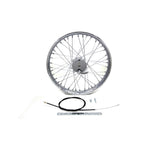 The Wyatt Gatling 21" Chopper Chrome Front Wheel With Brake by Wyatt Gatling includes spokes, a rim, a cable, a wrench, and small hardware pieces, all displayed on a white background.