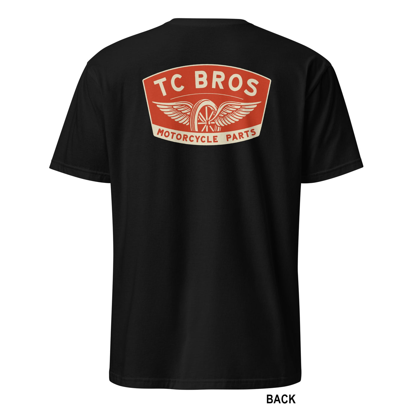 A TC Bros. Winged Wheel T-Shirt - Black made of ring-spun cotton with an orange logo.