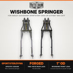 Two Moto Iron® Wishbone Springer Front End for Harley-Davidson Sportster 2004-Up and Dyna 1991-2017 assemblies shown from front and three-quarter views, with compatibility and construction callouts.