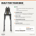 Two Moto Iron® Wishbone Springer Front End for Harley-Davidson Sportster 2004-Up and Dyna 1991-2017 assemblies shown from front and three-quarter views, with compatibility and construction callouts.