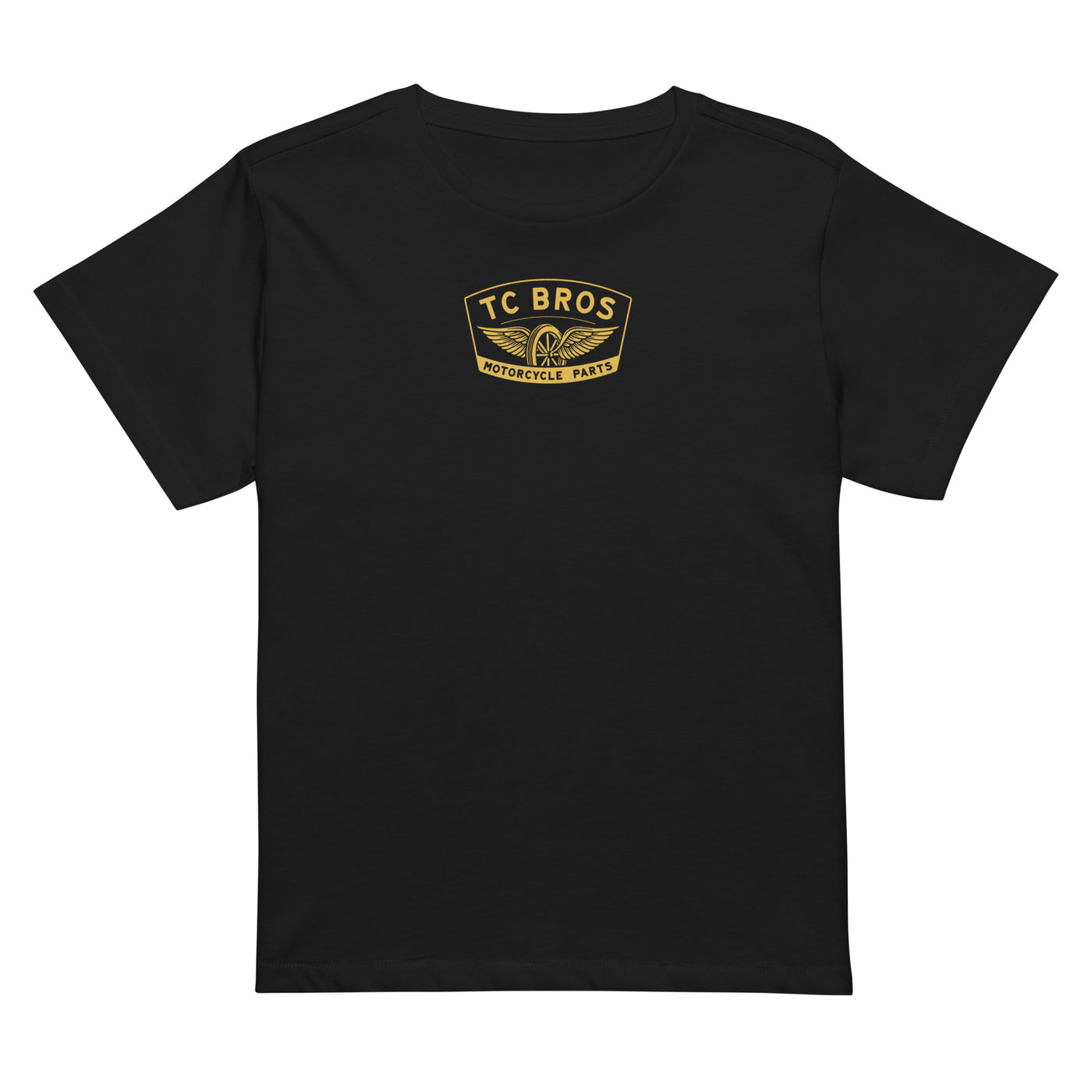 Black ultra soft Women’s high-waisted t-shirt with a small TC Bros. Winged Wheel logo on the chest, printed on demand.