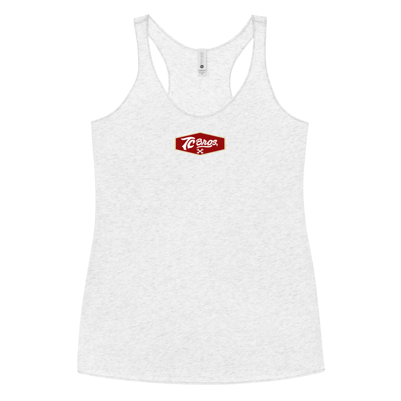 Shield - Women's Racerback Tank - Vintage White from TC Bros with a small red 'chaos' logo on the chest.