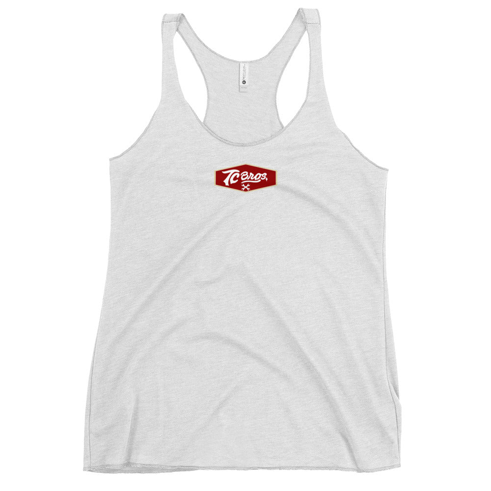 Shield - Women's Racerback Tank - Vintage White from TC Bros with a small red 'chaos' logo on the chest.