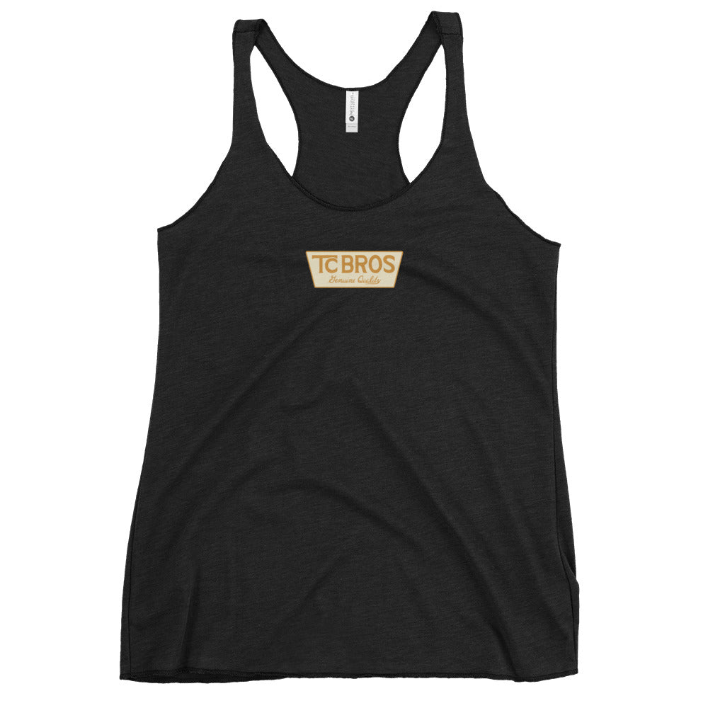 Genuine Quality - Women's Racerback Tank - Vintage Black with TC Bros. logo on the chest, printed on demand.