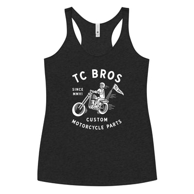 Gray Rider- Women's Racerback Tank - Vintage Black with a white graphic logo for "TC Bros." featuring a vintage motorcycle and rider.