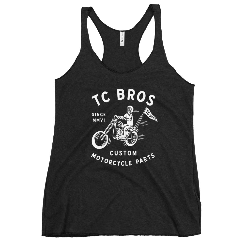 Gray Rider- Women's Racerback Tank - Vintage Black with a white graphic logo for "TC Bros." featuring a vintage motorcycle and rider.