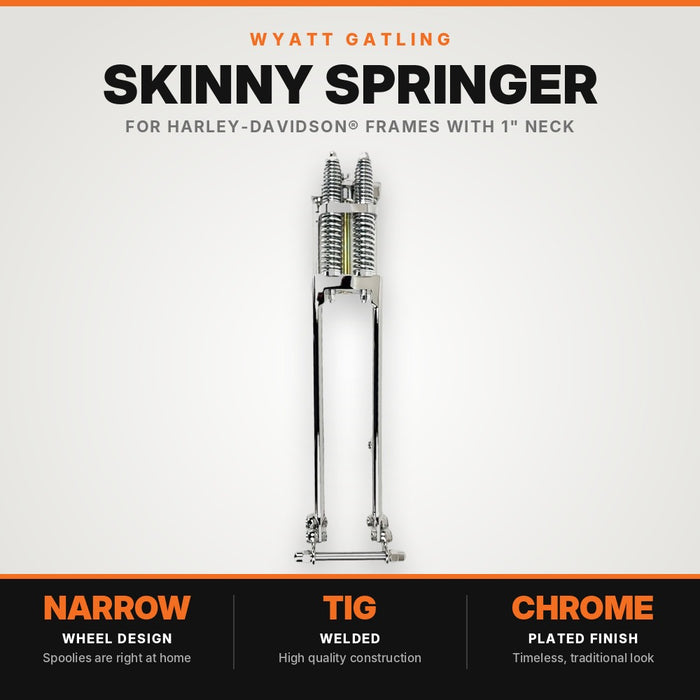 Front view of a Wyatt Gatling Springer Front End for Harley-Davidson frames with 1" neck, featuring chrome plating, dual springs, and extended fork legs, isolated on a white background.