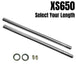 The TC Bros. Fork Tube Kit for Yamaha XS650 1977-1984 includes two metal rods, two green O-rings, and two white cylindrical parts on a white background with "XS650 Select Your Length"—ideal for your front end suspension upgrade.