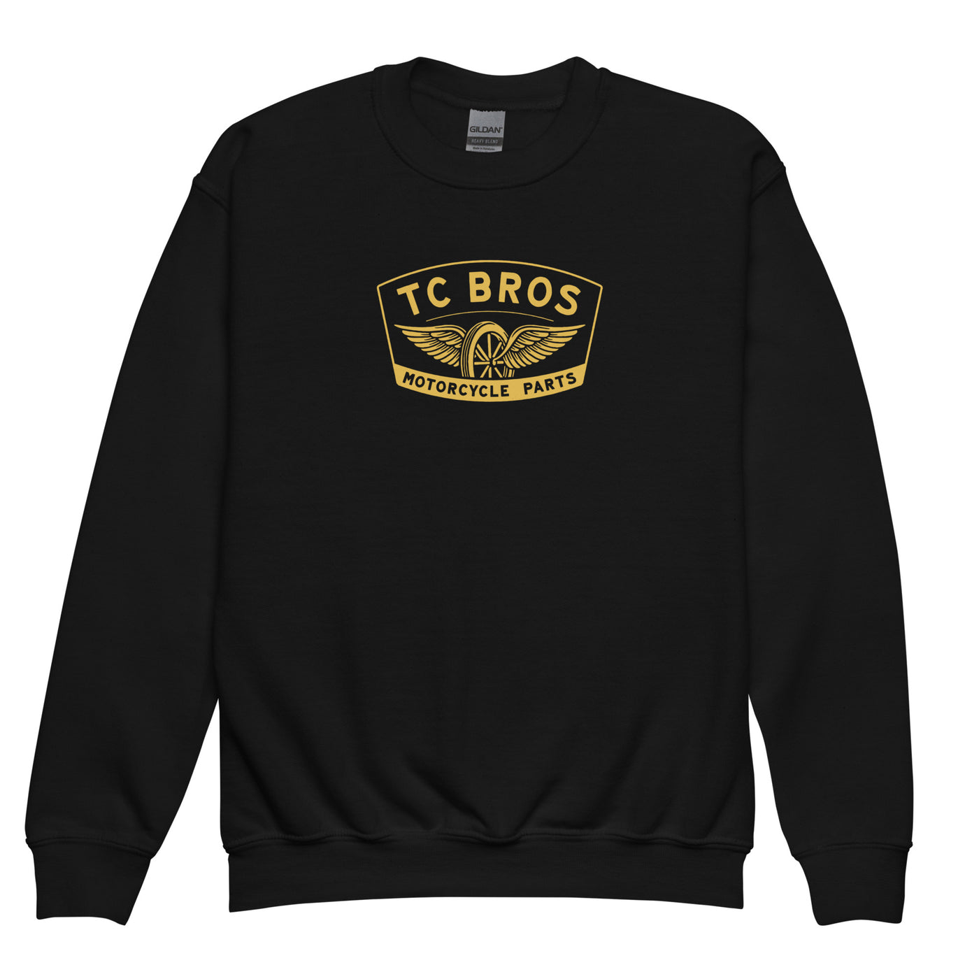 Black fleece fabric Youth Crewneck Sweatshirt - Winged Wheel - Black/Gold with TC Bros. logo on the front.