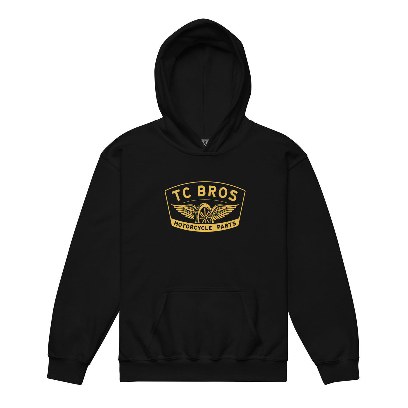 Black Youth Heavy Blend Hoodie - Winged Wheel - with a TC Bros logo on the front, featuring minimal pilling fleece for added comfort.