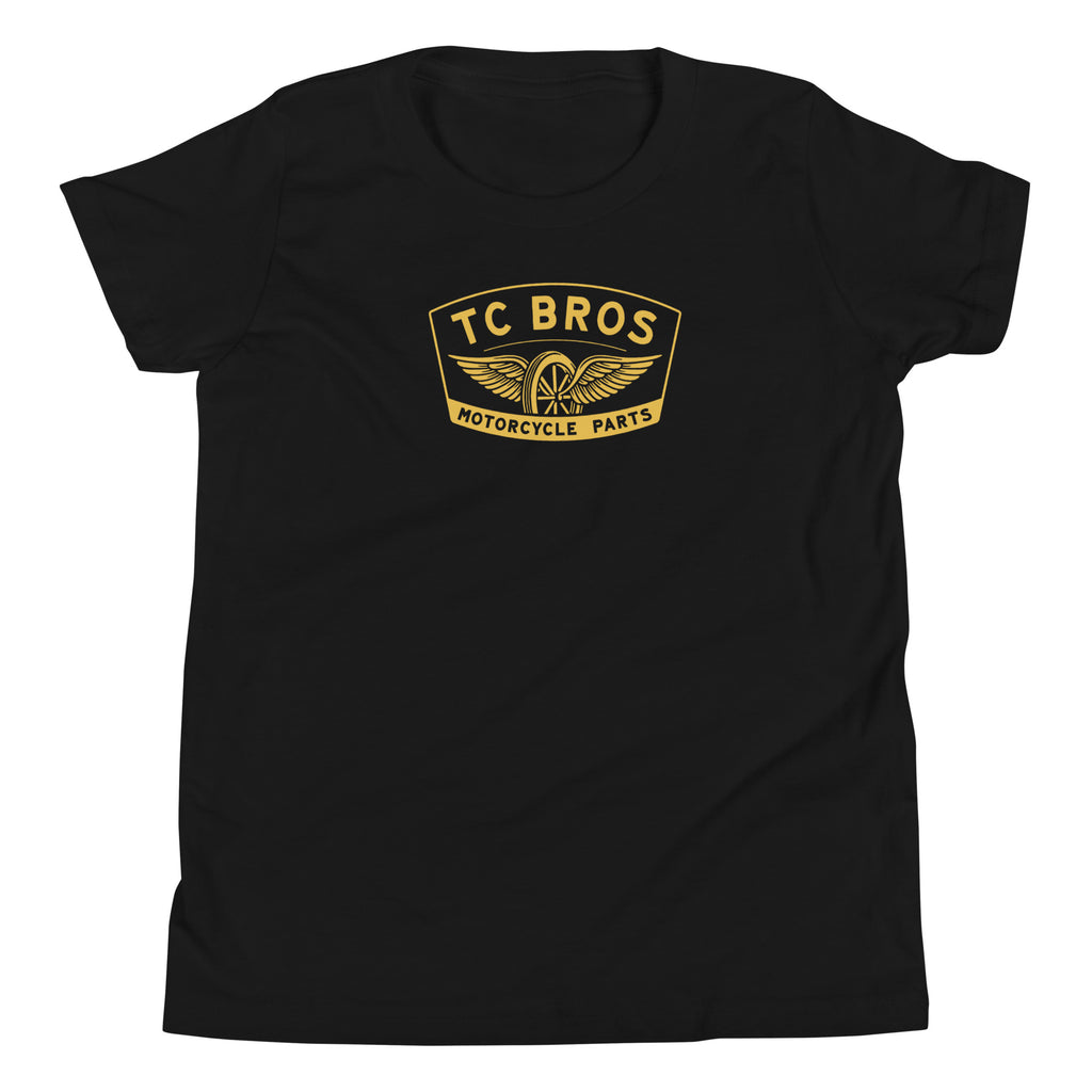 Black youth tee with a gold TC Bros. Winged Wheel logo, printed on demand from combed and ring-spun cotton.