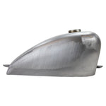 The Moto Iron® 2.5 Gallon Sportster-Style Bobber Gas Tank features unpainted metal with a brushed finish, displayed from the side against a white background.
