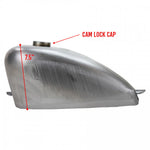 The Moto Iron® 2.5 Gallon Sportster-Style Bobber Gas Tank features unpainted metal with a brushed finish, displayed from the side against a white background.
