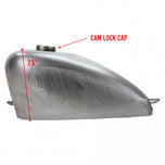 An image of a Moto Iron® 2.5 Gal. Frisco Mount Sportster Bobber Gas Tank with measurements and petcock.