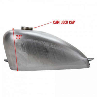 An image of a Moto Iron® 2.5 Gal. Frisco Mount Sportster Bobber Gas Tank with measurements and petcock.