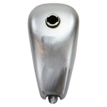 The Moto Iron® 2.5 Gallon Sportster-Style Bobber Gas Tank features unpainted metal with a brushed finish, displayed from the side against a white background.