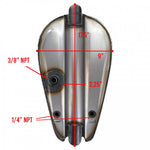 The Moto Iron® 2.5 Gallon Sportster-Style Bobber Gas Tank features unpainted metal with a brushed finish, displayed from the side against a white background.