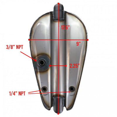 A diagram showing the dimensions of a Moto Iron® 2.5 Gal. Frisco Mount Sportster Bobber Gas Tank featuring a petcock.