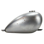 The Moto Iron® 2.3 Gallon Wassell-Style Low Tunnel Frisco-Style Fuel Tank features a matte silver metal finish, rounded teardrop shape, and minor surface scratches visible on the side.