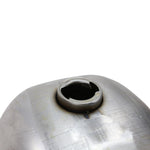 The Moto Iron® 2.3 Gallon Wassell-Style Low Tunnel Frisco-Style Fuel Tank features a matte silver metal finish, rounded teardrop shape, and minor surface scratches visible on the side.
