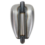 The Moto Iron® 2.3 Gallon Wassell-Style Low Tunnel Frisco-Style Fuel Tank features a matte silver metal finish, rounded teardrop shape, and minor surface scratches visible on the side.