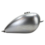 The Moto Iron® 2.1 Gallon Wassell-Style Mid Tunnel Frisco-Style Fuel Tank features a metallic teardrop shape, filler cap on top, and mounting tabs at both ends, shown against a plain white background.