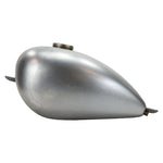 The Moto Iron® 2.1 Gallon Wassell-Style Mid Tunnel Frisco-Style Fuel Tank features a metallic teardrop shape, filler cap on top, and mounting tabs at both ends, shown against a plain white background.