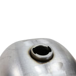 The Moto Iron® 2.1 Gallon Wassell-Style Mid Tunnel Frisco-Style Fuel Tank features a metallic teardrop shape, filler cap on top, and mounting tabs at both ends, shown against a plain white background.