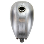 The Moto Iron® 2.1 Gallon Wassell-Style Mid Tunnel Frisco-Style Fuel Tank features a metallic teardrop shape, filler cap on top, and mounting tabs at both ends, shown against a plain white background.