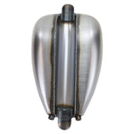 The Moto Iron® 2.1 Gallon Wassell-Style Mid Tunnel Frisco-Style Fuel Tank features a metallic teardrop shape, filler cap on top, and mounting tabs at both ends, shown against a plain white background.
