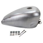 Moto Iron® 3.1 Gallon King Sportster Gas Tank for 1995-2003 Harley-Davidson Sportster shown unpainted, with included mounting hardware—bolts, washers, and rubber fittings—arranged in front of the tank.